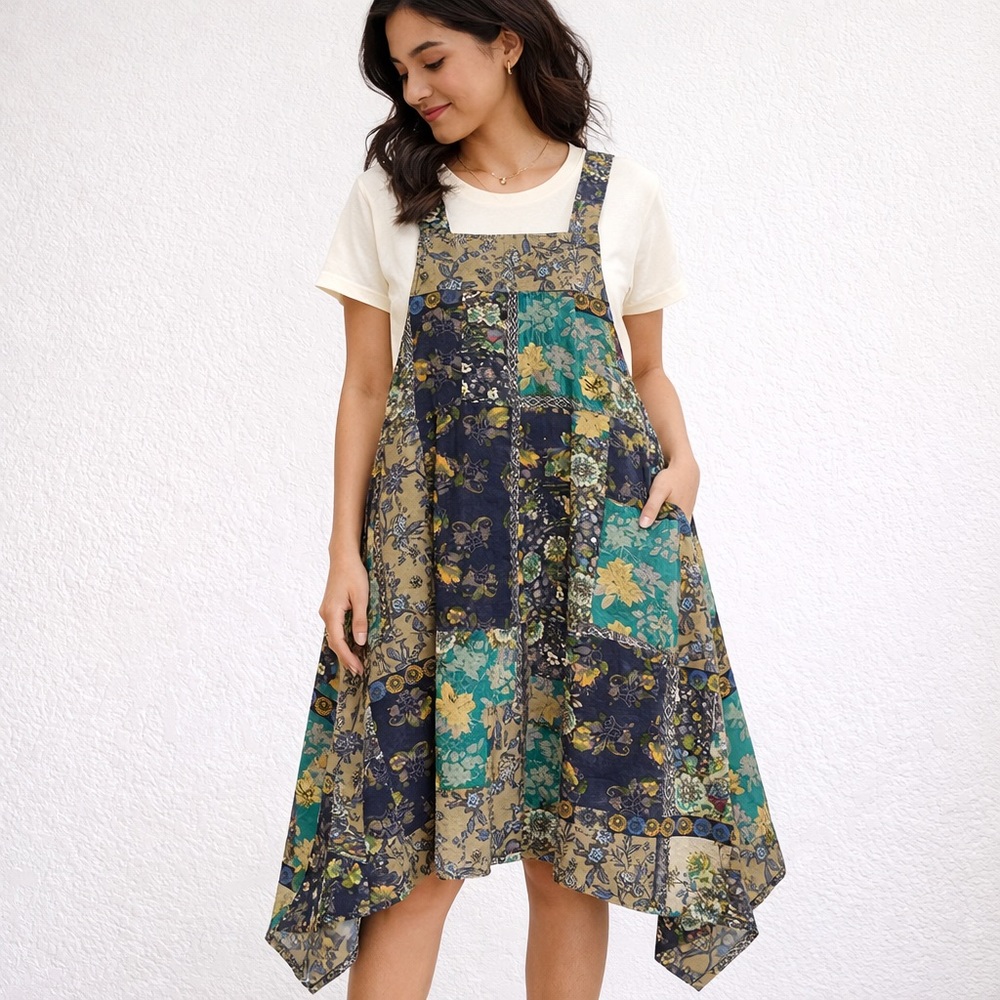 Yak & Yeti L/XL Patchwork Pinafore Overall Skirtall Dress Teal NWOT Bohemian